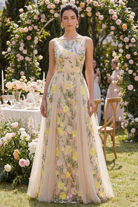 Boat Neck A Line Long Floral Champagne Wedding Guest Dress