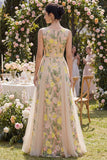 Boat Neck A Line Long Floral Champagne Wedding Guest Dress