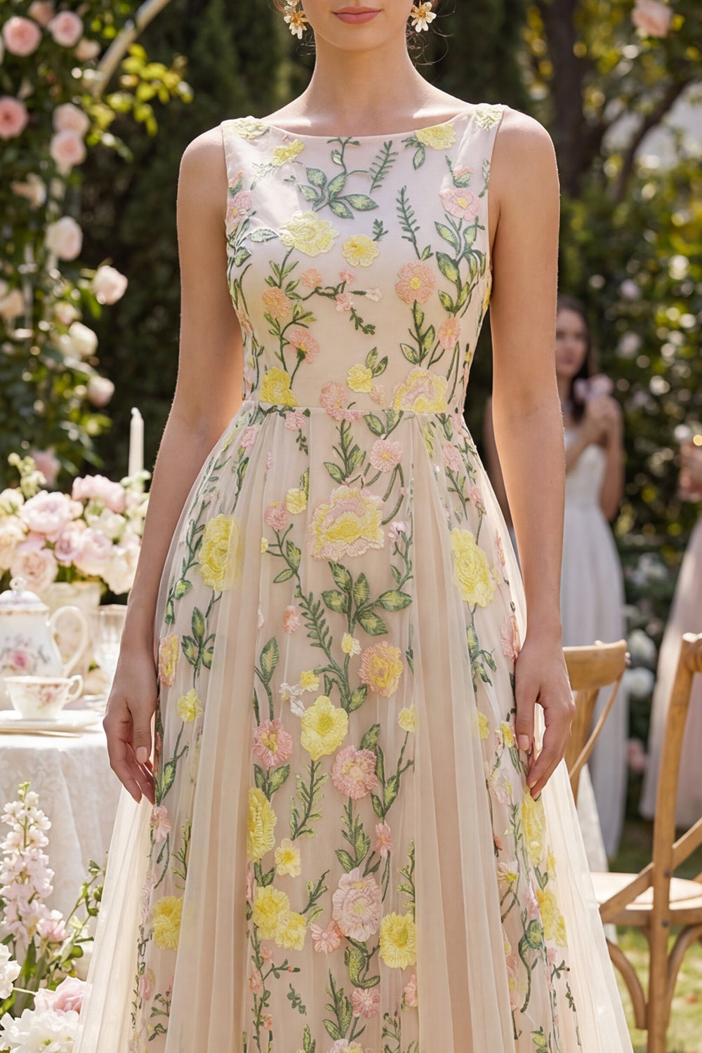 Zapakasa Women Floral Champagne Maxi Wedding Guest Dress A Line Boat