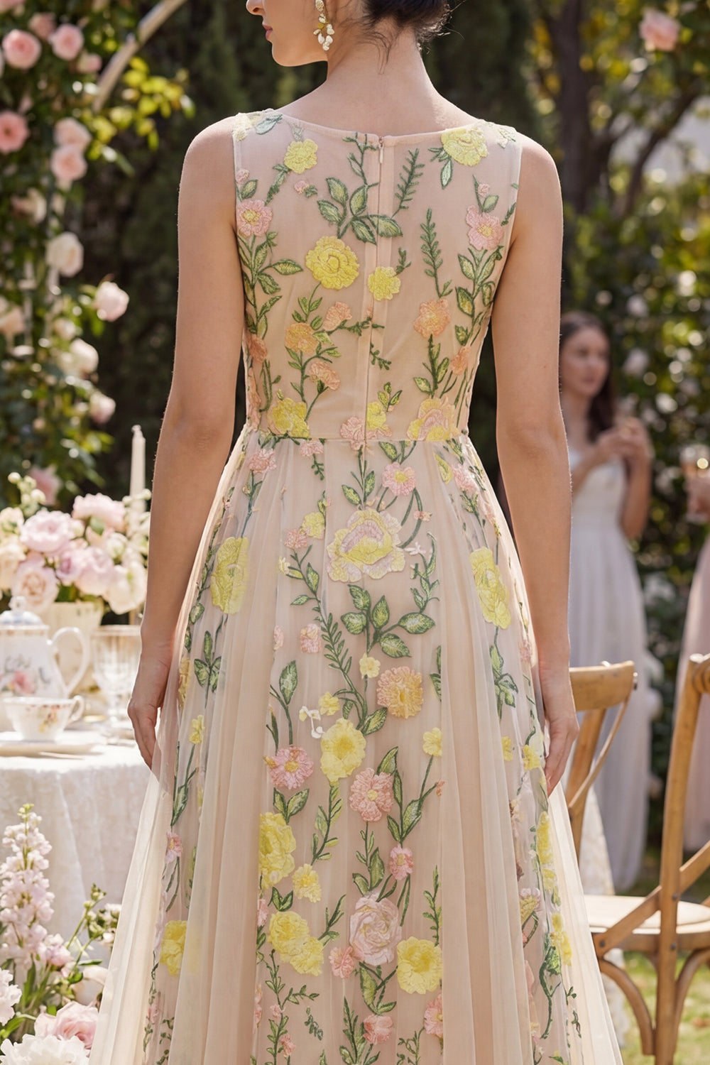 Boat Neck A Line Long Floral Champagne Wedding Guest Dress