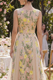 Boat Neck A Line Long Floral Champagne Wedding Guest Dress