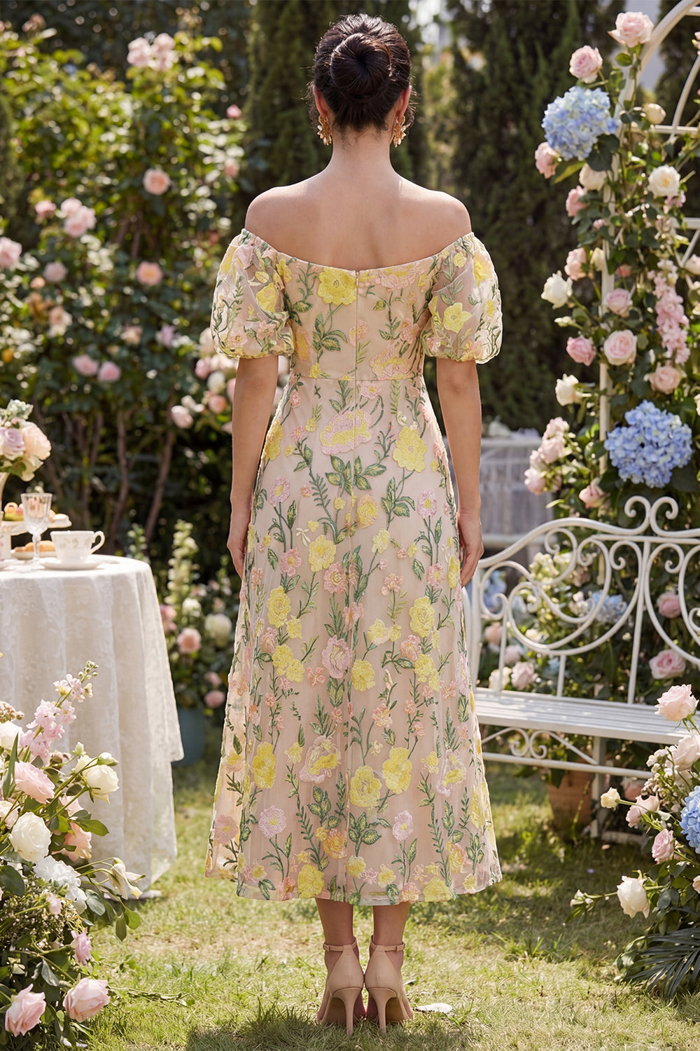 Off the Shoulder Floral Champagne A Line Maxi Wedding Guest Dress with Sleeves