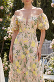 Off the Shoulder Floral Champagne A Line Maxi Wedding Guest Dress with Sleeves