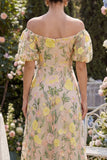 Off the Shoulder Floral Champagne A Line Maxi Wedding Guest Dress with Sleeves