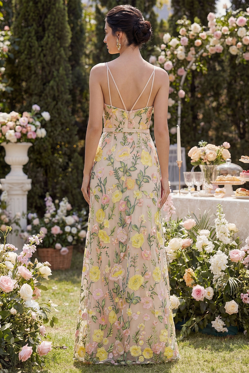 Zapakasa Women Floral Champagne Maxi Wedding Guest Dress with Slit A