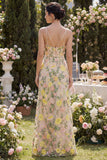 Spaghetti Straps A Line Maxi Floral Champagne Wedding Guest Dress with Slit
