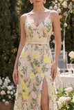 Spaghetti Straps A Line Maxi Floral Champagne Wedding Guest Dress with Slit