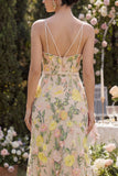 Spaghetti Straps A Line Maxi Floral Champagne Wedding Guest Dress with Slit