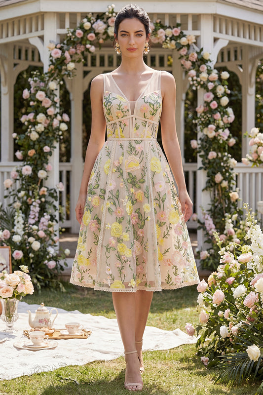 Corset V-Neck A Line Knee Length Champagne Wedding Guest Dress