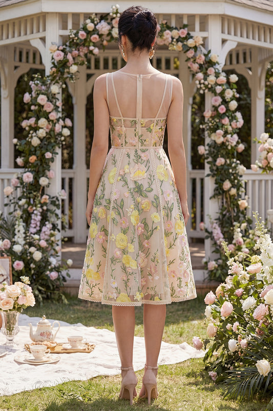 Corset V-Neck A Line Knee Length Champagne Wedding Guest Dress