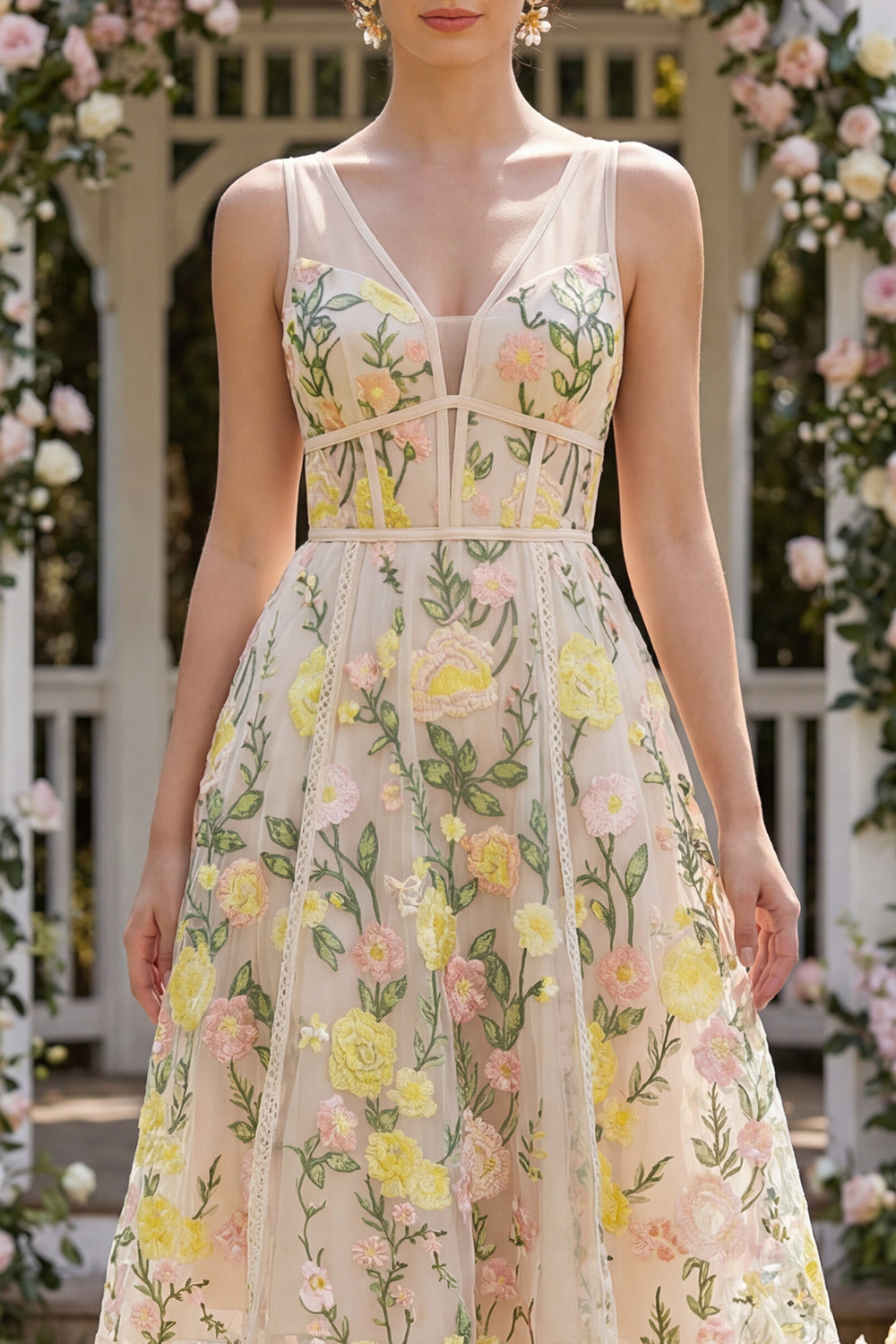 Corset V-Neck A Line Knee Length Champagne Wedding Guest Dress