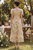 Puff Sleeves A Line Maxi Floral Champagne Wedding Guest Dress with Lace