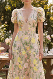 Puff Sleeves A Line Maxi Floral Champagne Wedding Guest Dress with Lace