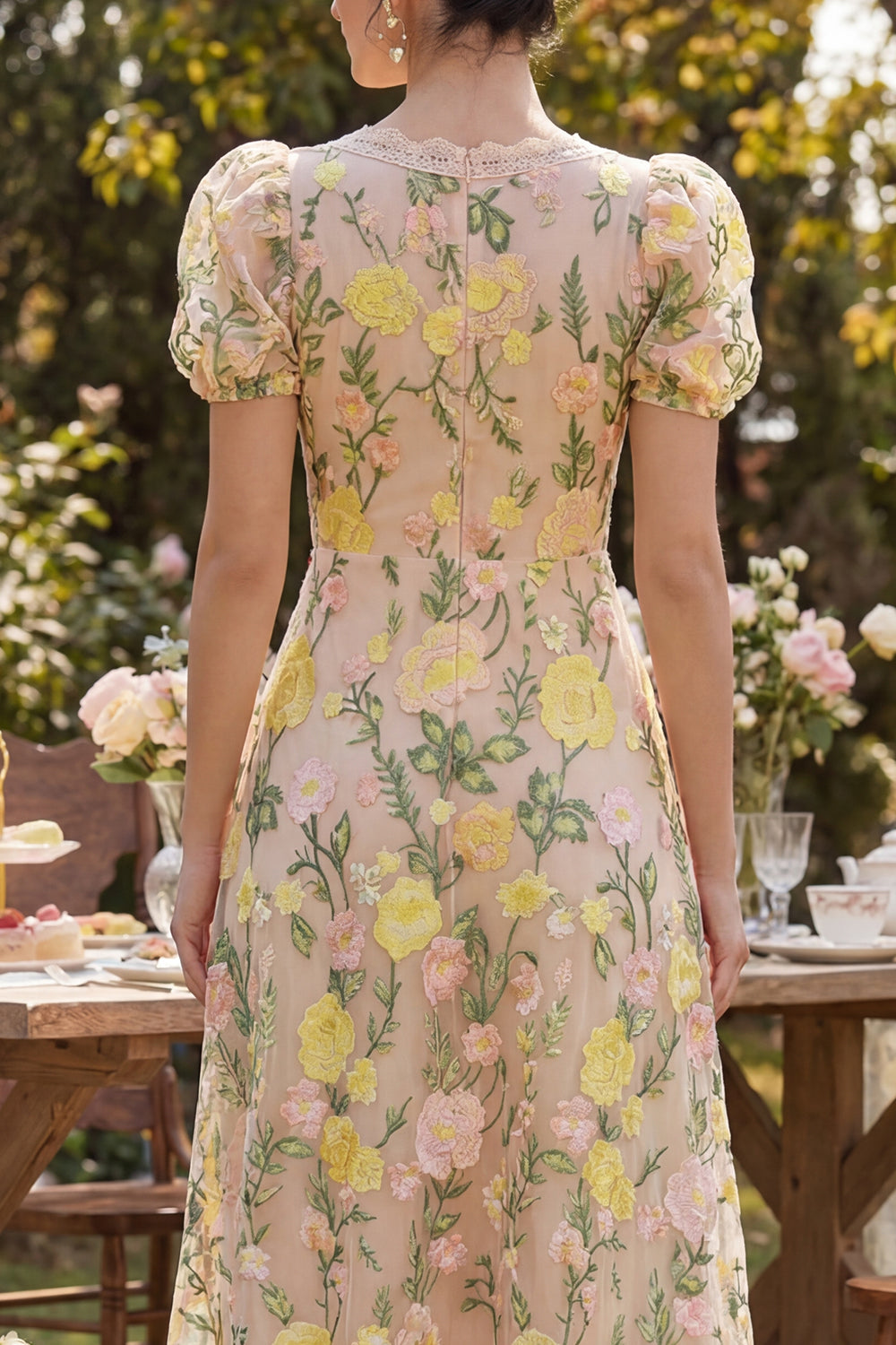 Puff Sleeves A Line Maxi Floral Champagne Wedding Guest Dress with Lace