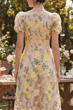 Puff Sleeves A Line Maxi Floral Champagne Wedding Guest Dress with Lace