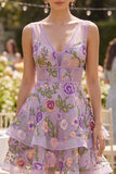 Lilac Short V-Neck Floral A Line Corset Wedding Guest Dress with Ruffles