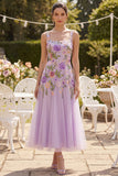 Square Neck A Line Maxi Floral Lilac Wedding Guest Dress