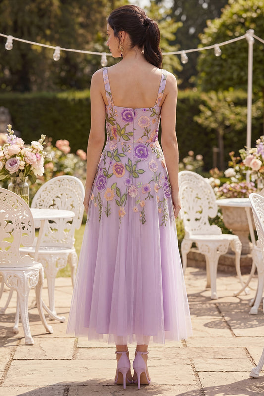 Square Neck A Line Maxi Floral Lilac Wedding Guest Dress