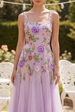 Square Neck A Line Maxi Floral Lilac Wedding Guest Dress