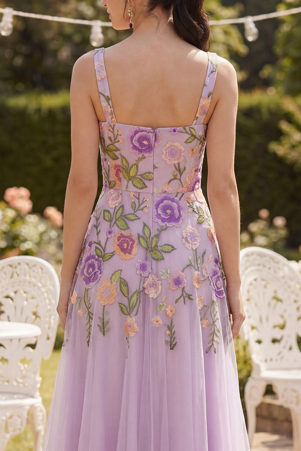 Square Neck A Line Maxi Floral Lilac Wedding Guest Dress