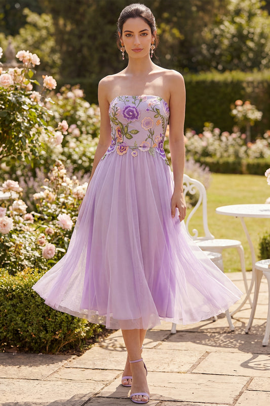Strapless A Line Maxi Floral Lilac Beach Wedding Guest Dress