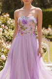 Strapless A Line Maxi Floral Lilac Beach Wedding Guest Dress