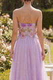 Strapless A Line Maxi Floral Lilac Beach Wedding Guest Dress