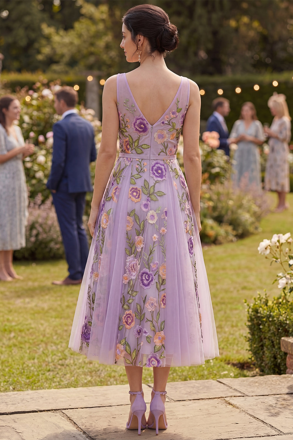 Floral Lilac V-Neck A Line Maxi Wedding Guest Dress