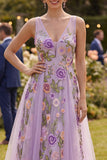 Floral Lilac V-Neck A Line Maxi Wedding Guest Dress