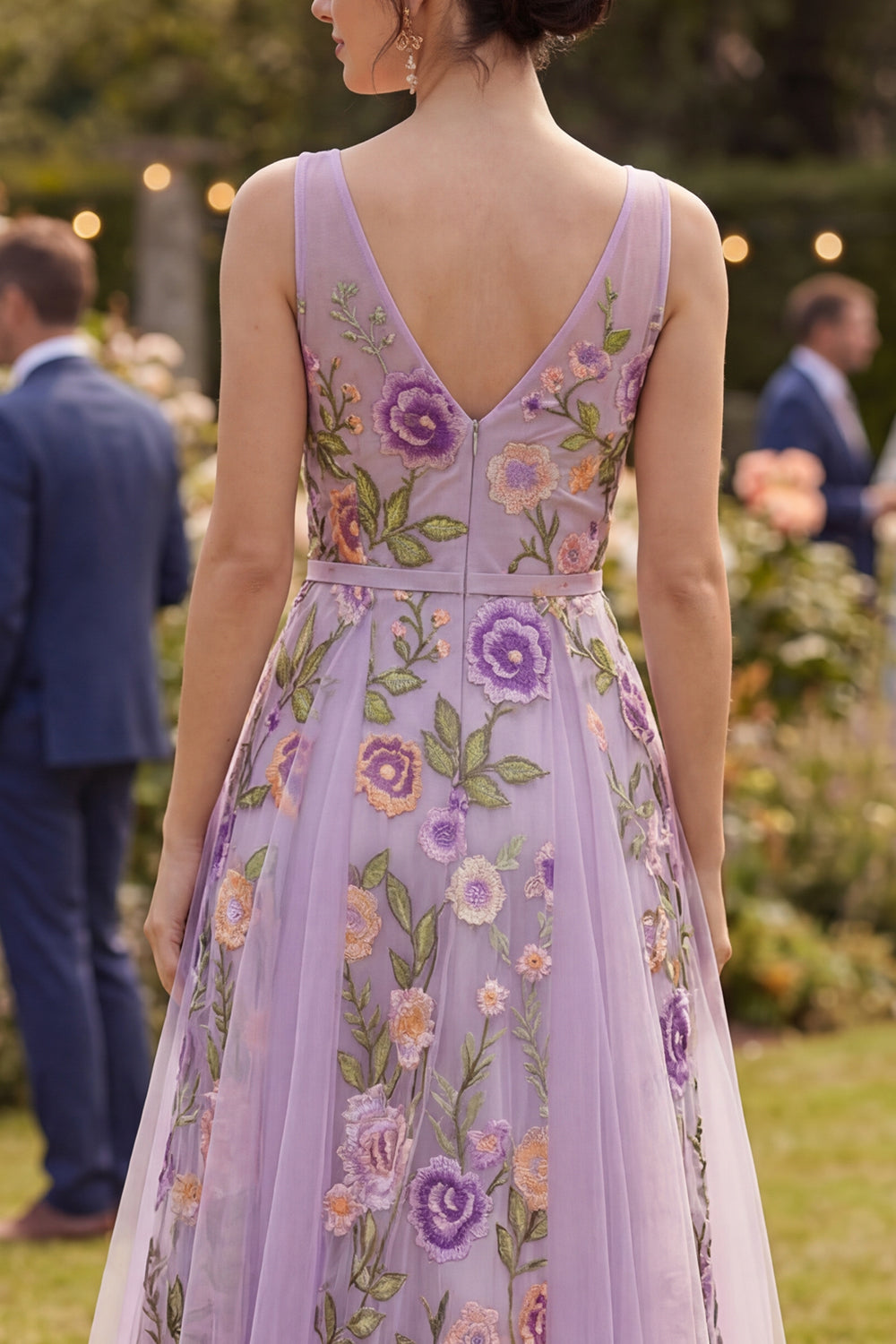 Floral Lilac V-Neck A Line Maxi Wedding Guest Dress
