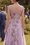 Floral Lilac V-Neck A Line Maxi Wedding Guest Dress