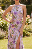 Sheath Halter Floral Lilac Open Back Maxi Wedding Guest Dress with Slit