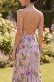 Sheath Halter Floral Lilac Open Back Maxi Wedding Guest Dress with Slit