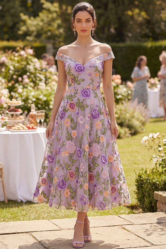 Floral Lilac A Line Maxi Off the Shoulder Wedding Guest Dress