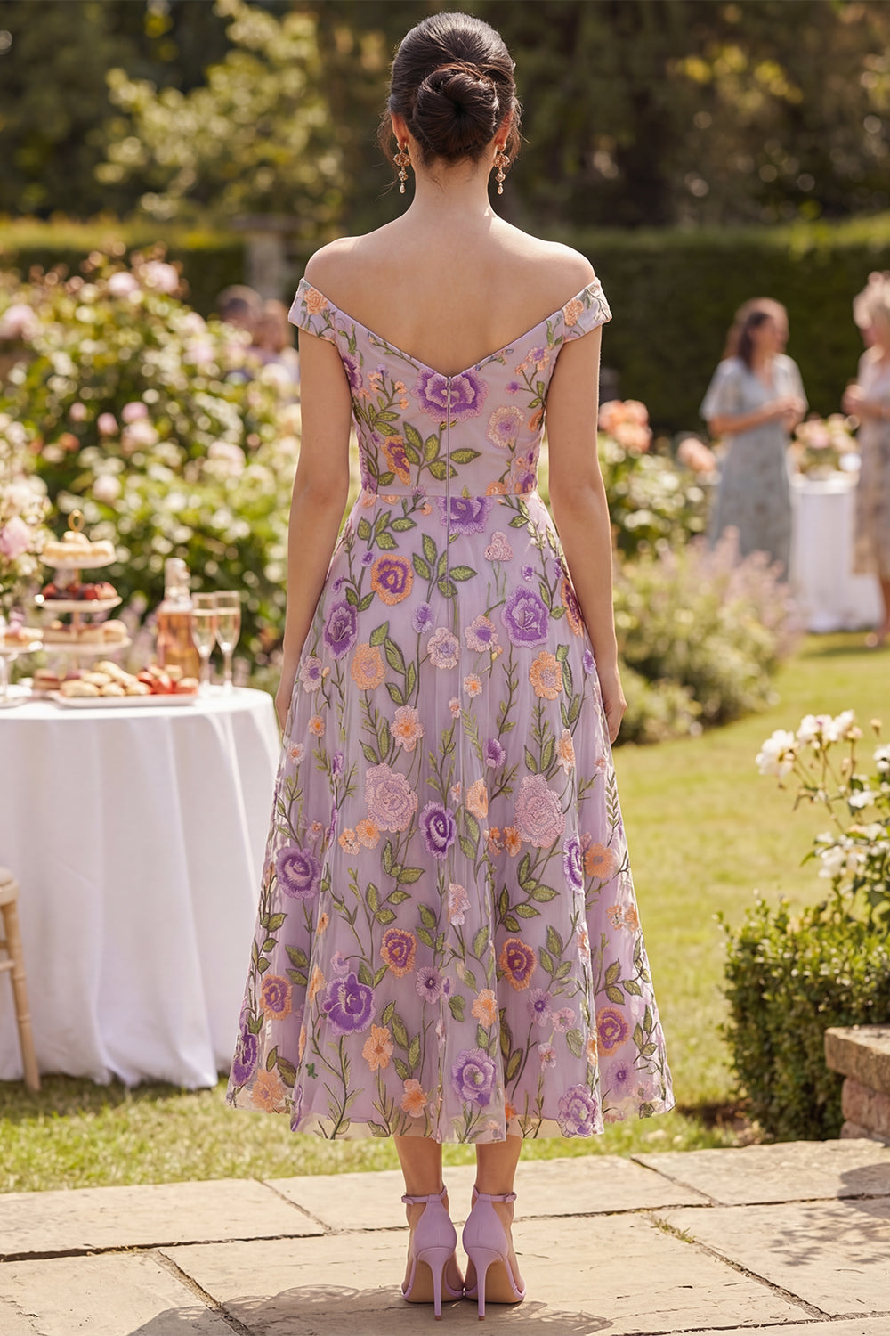 Floral Lilac A Line Maxi Off the Shoulder Wedding Guest Dress