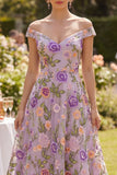 Floral Lilac A Line Maxi Off the Shoulder Wedding Guest Dress