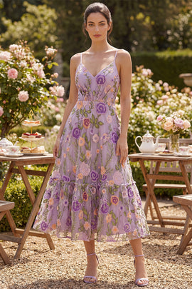 Ruched Floral Lilac A Line Maxi Spaghetti Straps Wedding Guest Dress