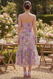 Ruched Floral Lilac A Line Maxi Spaghetti Straps Wedding Guest Dress