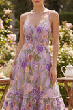 Ruched Floral Lilac A Line Maxi Spaghetti Straps Wedding Guest Dress