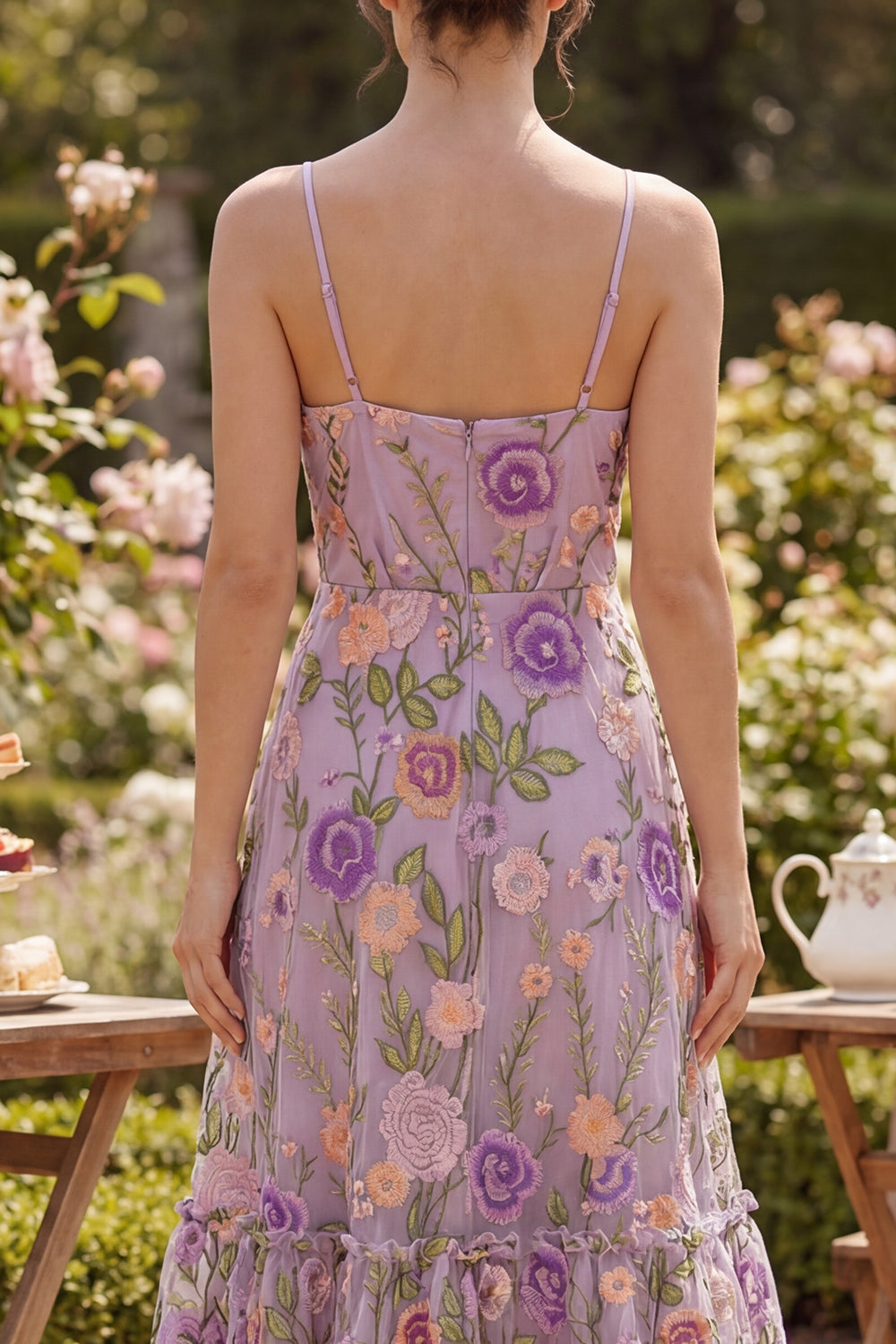 Ruched Floral Lilac A Line Maxi Spaghetti Straps Wedding Guest Dress