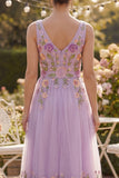 Maxi Floral Lilac V-Neck A Line Wedding Guest Dress