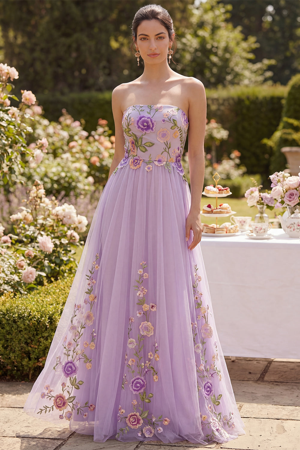 Maxi Floral Lilac Strapless A Line Wedding Guest Dress