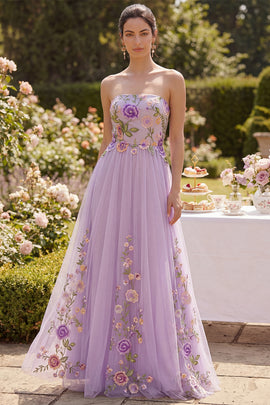Maxi Floral Lilac Strapless A Line Wedding Guest Dress