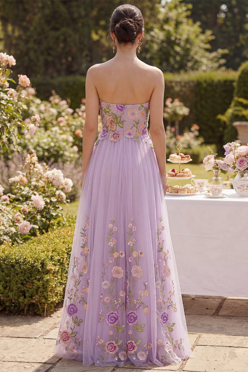 Maxi Floral Lilac Strapless A Line Wedding Guest Dress