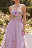 Maxi Floral Lilac Strapless A Line Wedding Guest Dress