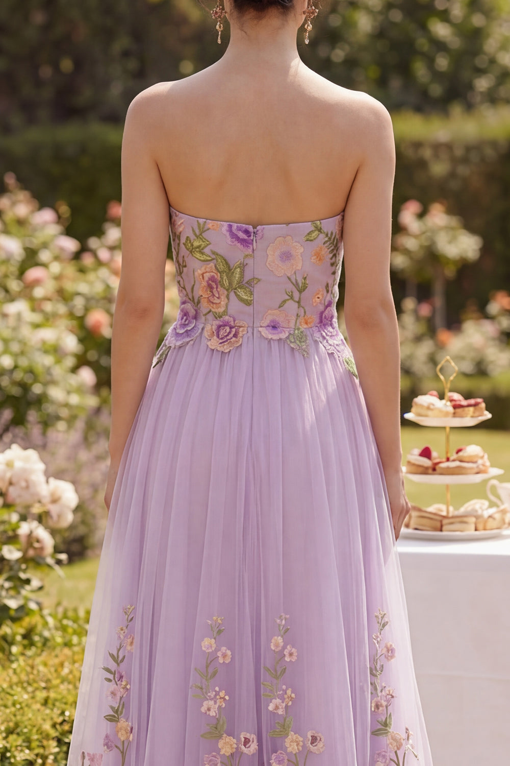 Maxi Floral Lilac Strapless A Line Wedding Guest Dress