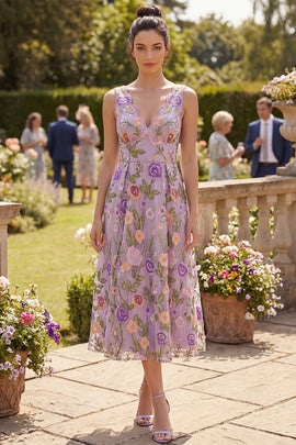 A Line Maxi Floral Lilac V-Neck Wedding Guest Dress