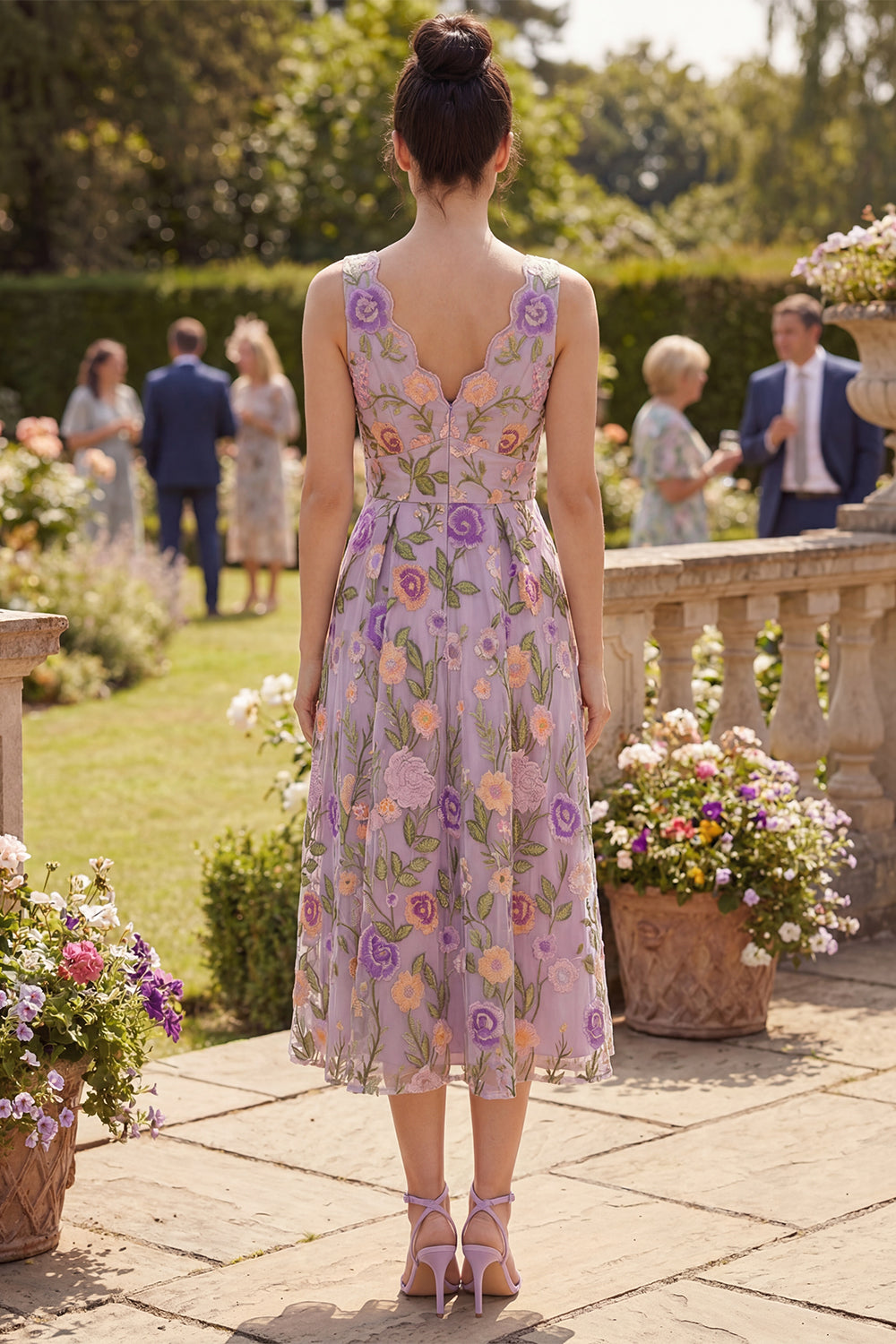 A Line Maxi Floral Lilac V-Neck Wedding Guest Dress