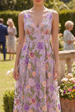 A Line Maxi Floral Lilac V-Neck Wedding Guest Dress