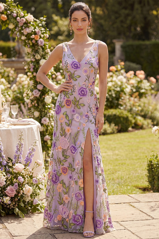 Maxi Floral Lilac V-Neck Sheath Backless Wedding Guest Dress with Slit